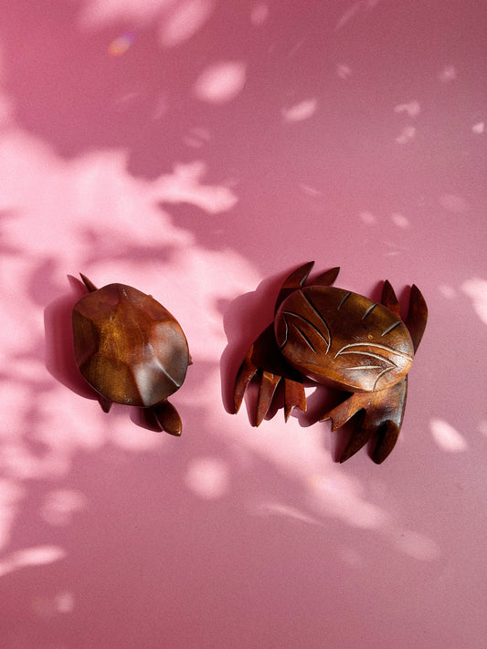 Vintage Handcarved Wooden Crab & Turtle Lidded Dishes