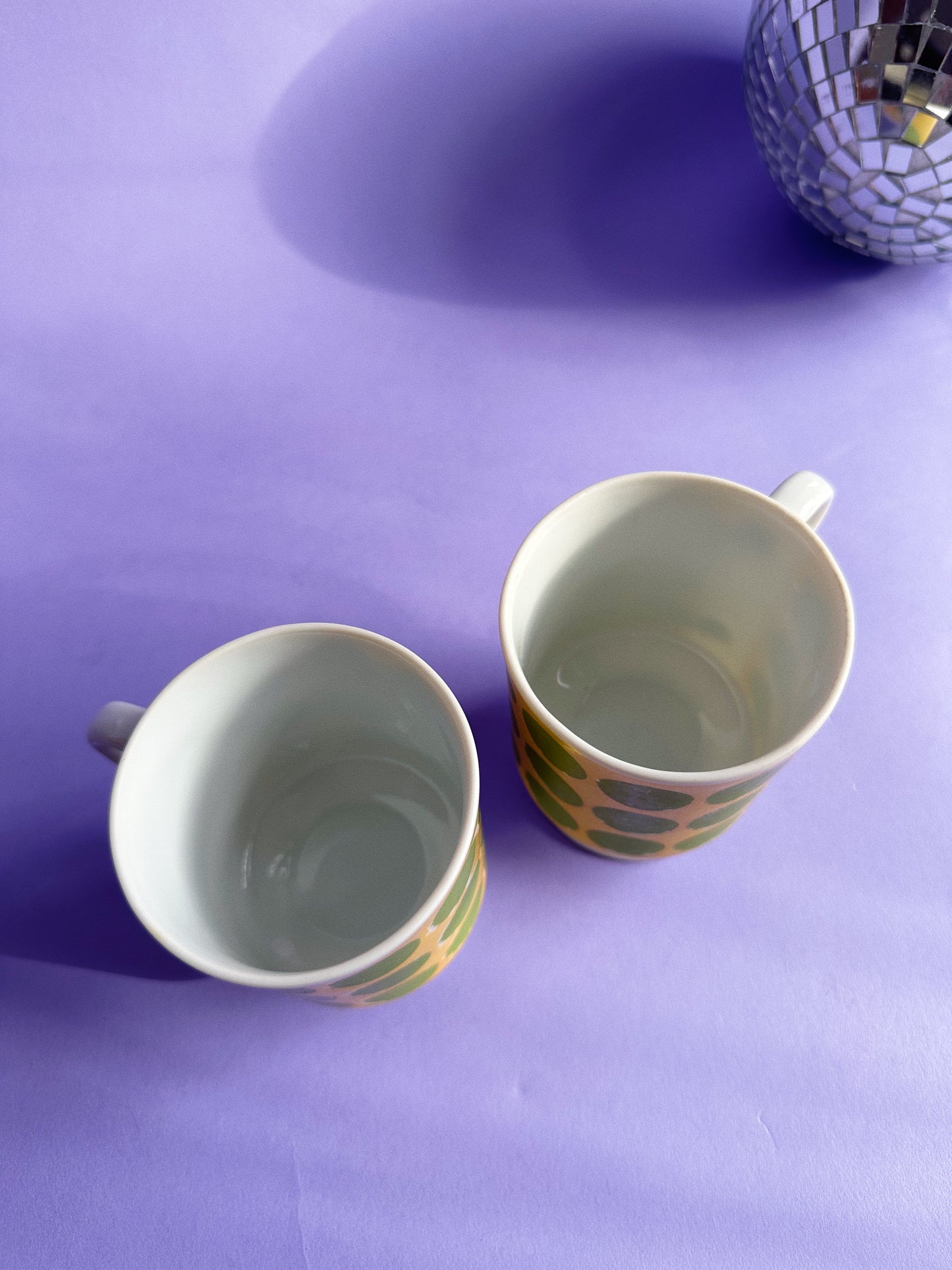 Pair of Vintage 70's Retro Green Yellow Footed Polka Dot Coffee Mug Tea Cups