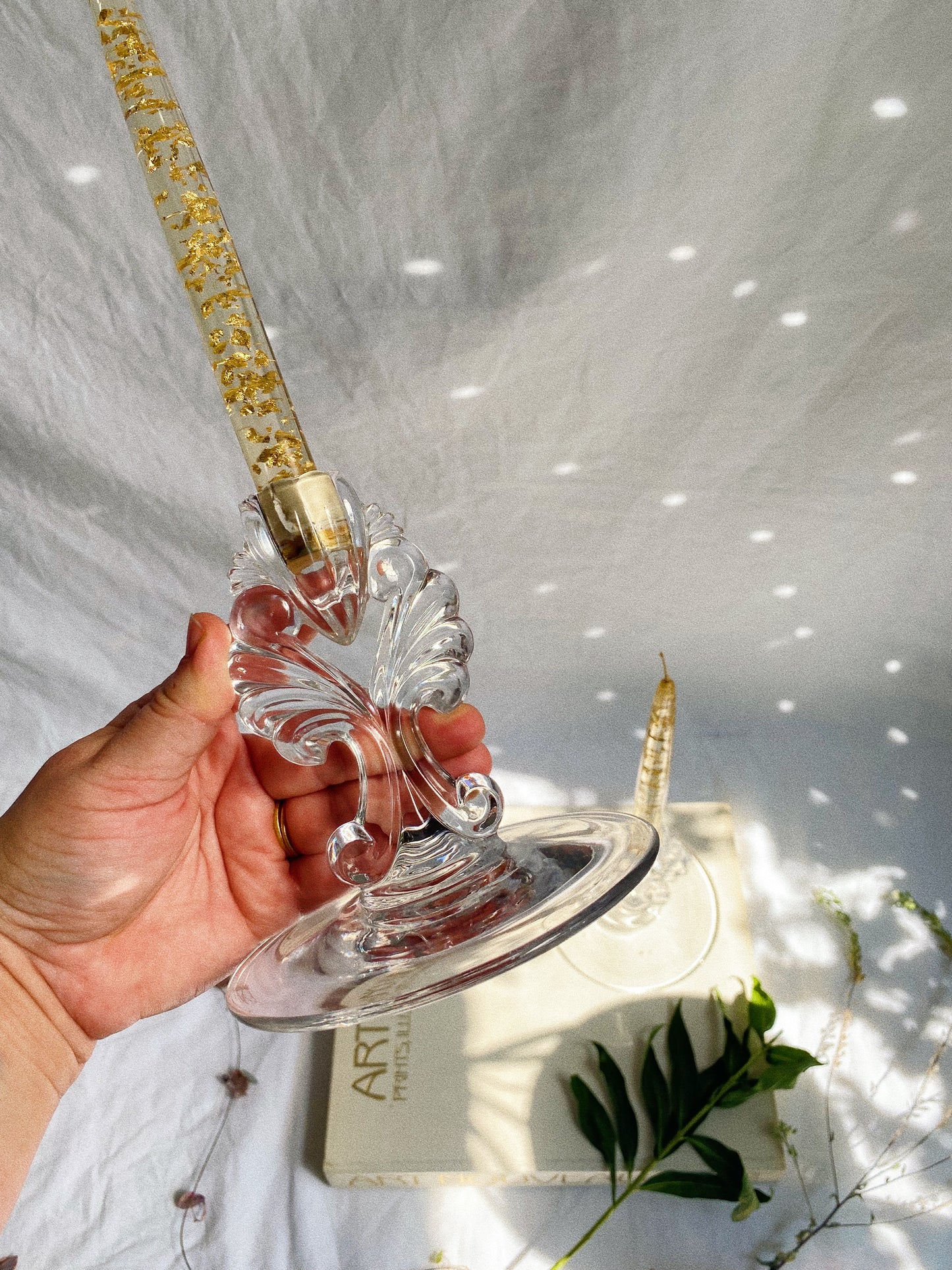 Vintage Manganese Glass (Glows Green!) Tear Drop Candlesticks