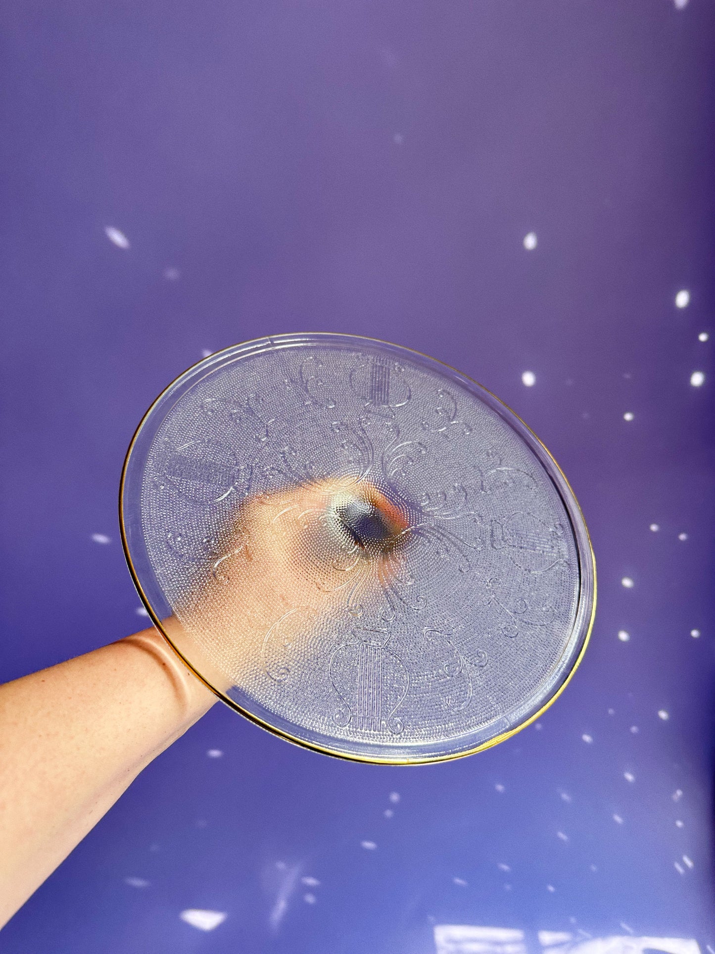 Vintage Jeannette Glass Cake Stand Harp Scroll Gold Trim Pedestal