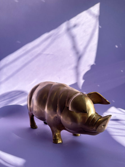 Vintage Brass Pig Piggy Bank Large & Heavy 15” Long w Plug