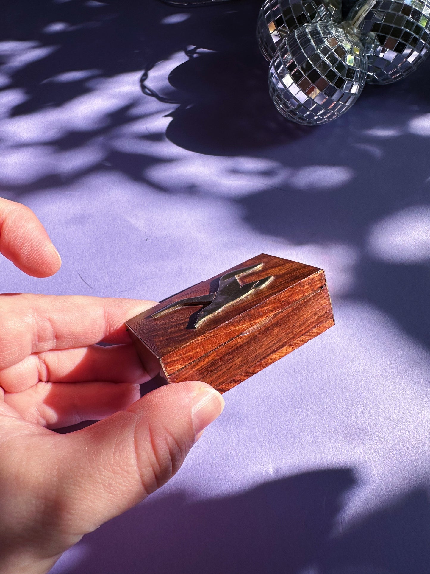 Wood & Brass Small Chest-Shaped Box With Brass Bird Inlay For Pills / Matches