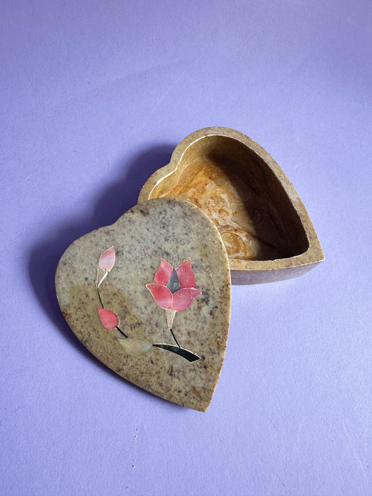 Carved Heart Soapstone Flower Inlay Gemstone Jewelry Gift Trinket Box