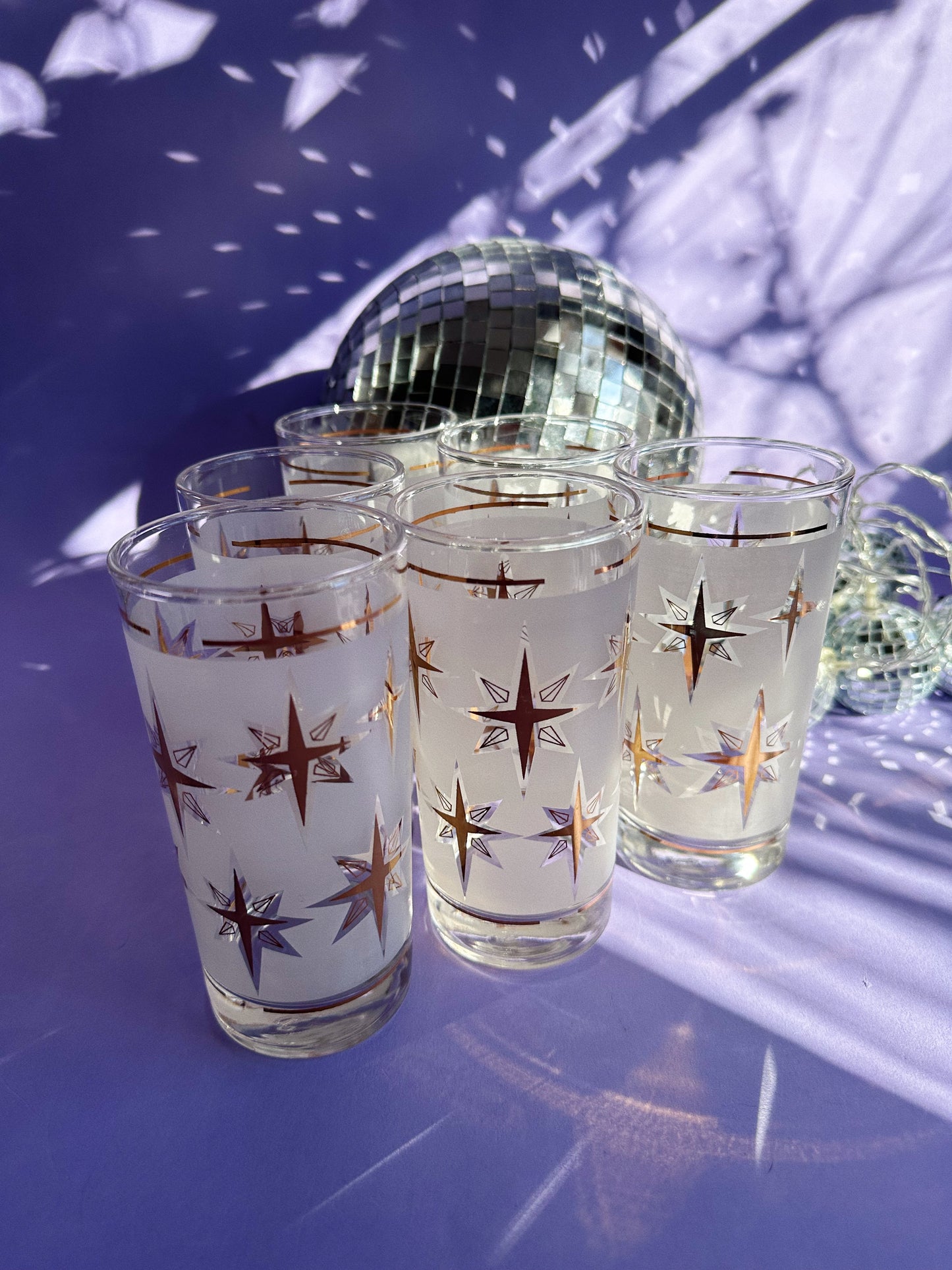 Vintage Set of 6 Dominion MCM Atomic Starburst Frosted Gold Tumblers Glasses 5.5”