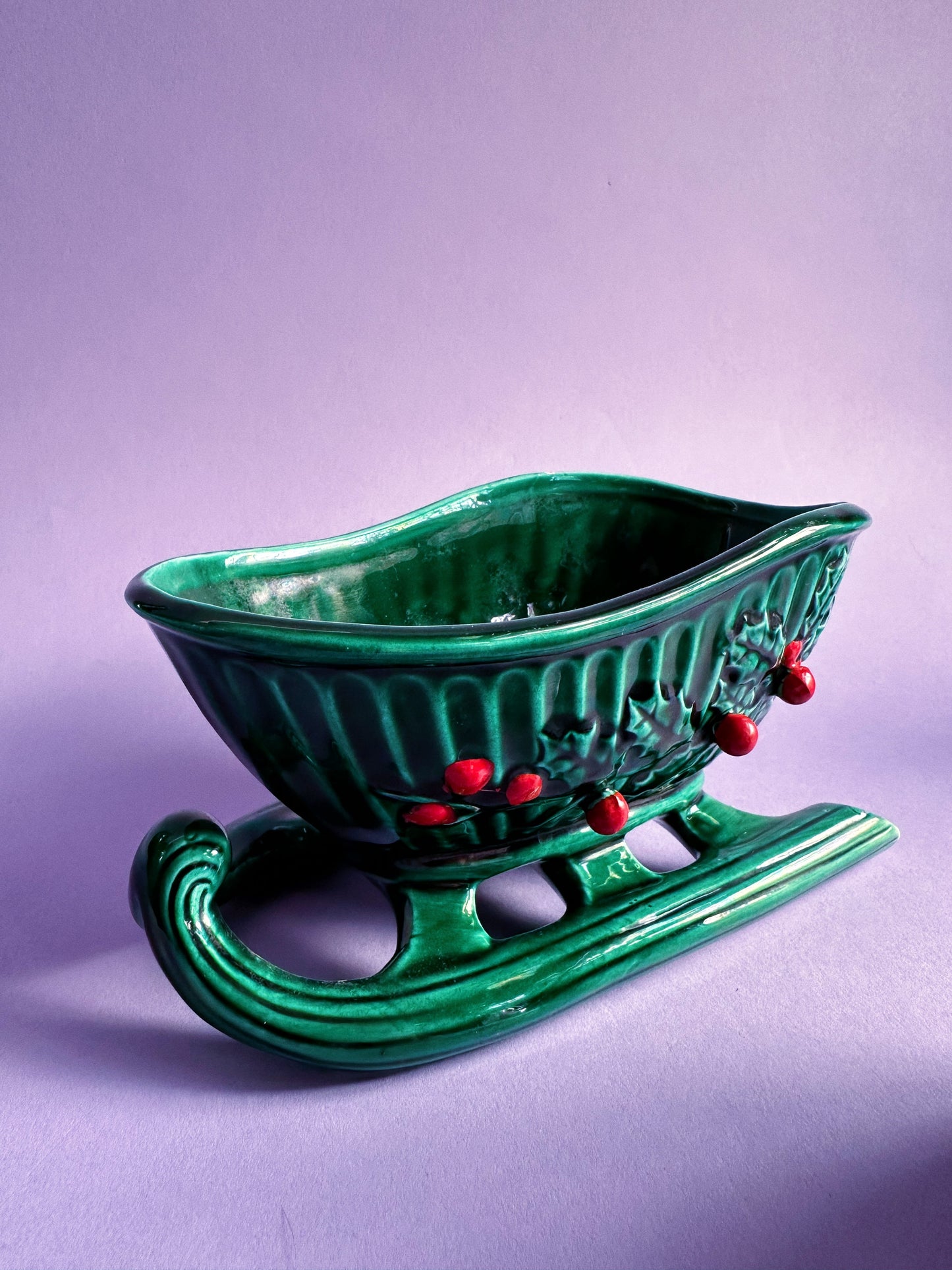 Vintage Lefton Ceramic Set Green Holly Red Berry Teapot, Sugar, Creamer & Sleigh