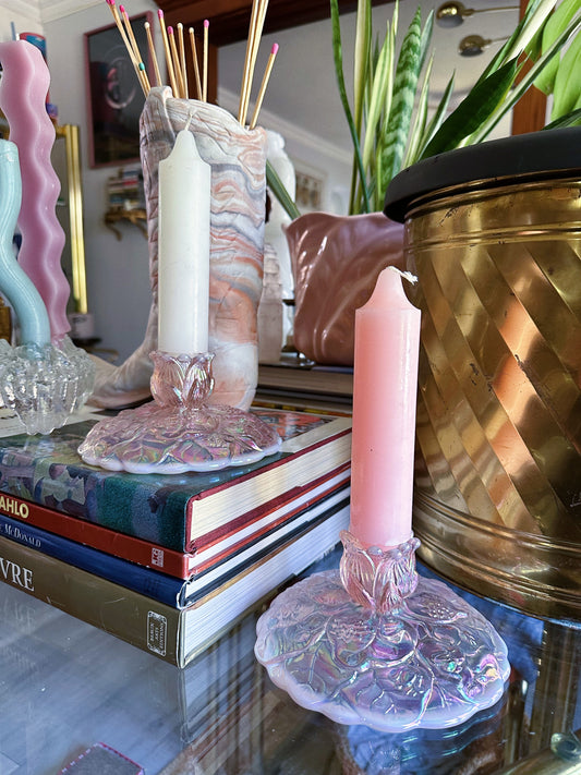 Vintage Fenton Pink Opalescent Carnival Glass Water Lilly Candlestick Holders