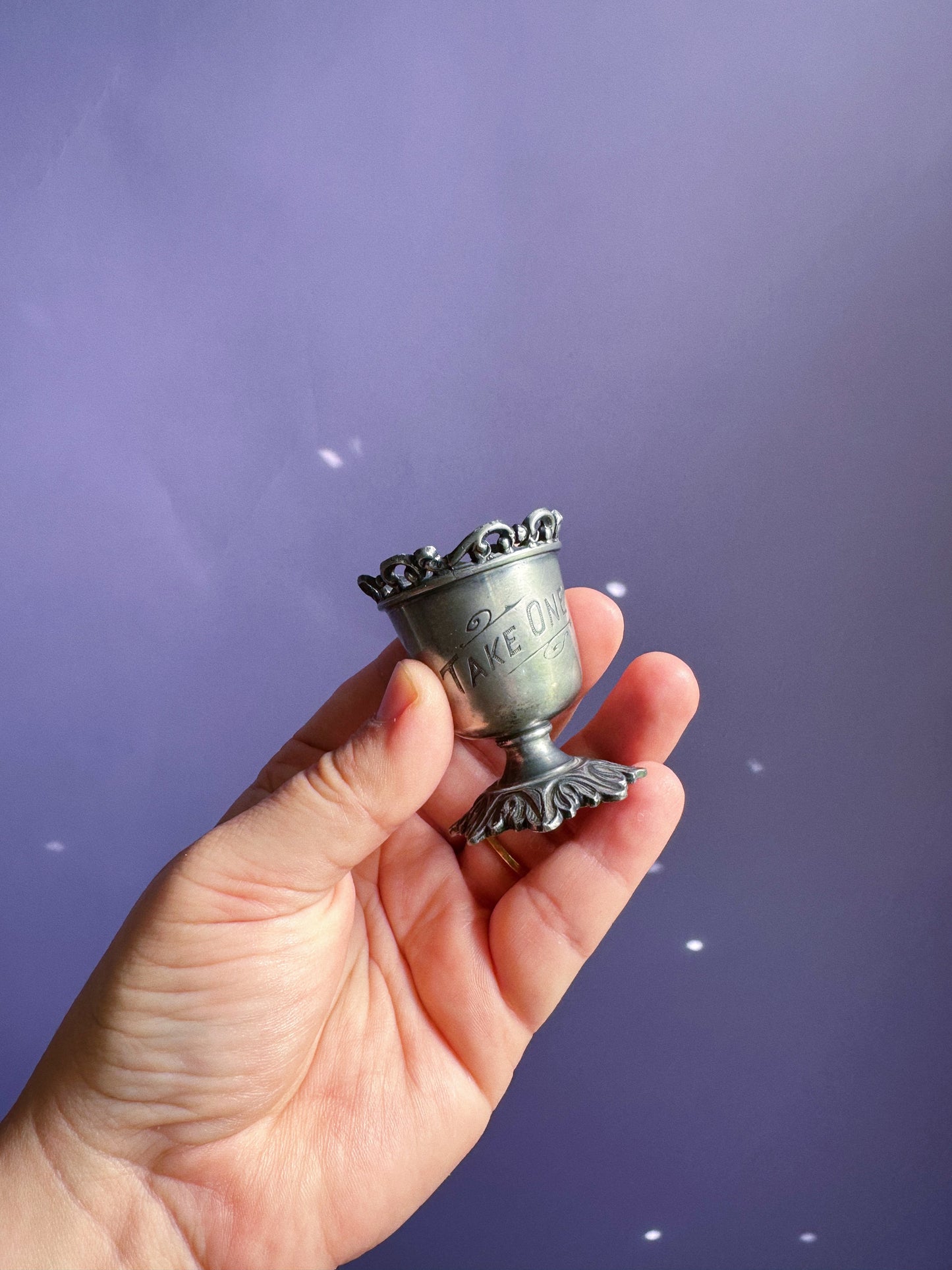 Antique Pair Of Pewter Toothpick / Match Holders Lacy Top Ornate "TAKE ONE"