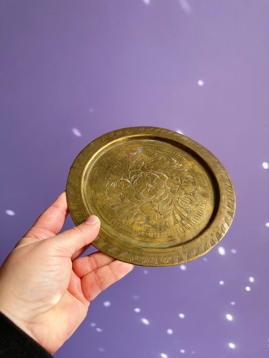 Vintage Floral Etched Brass Tray