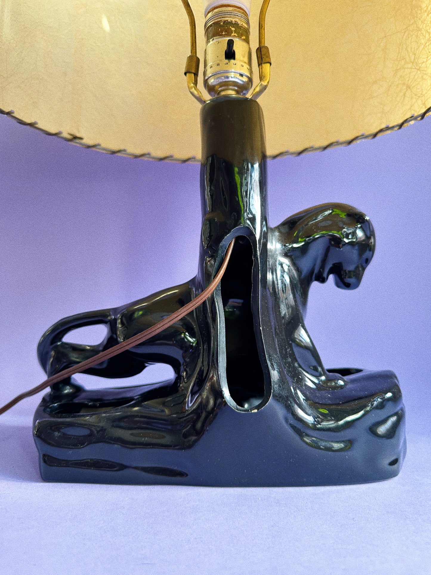 Vintage Mid-Century Modern Black Panther / Leopard TV Lamp w/ Fiberglass Shade