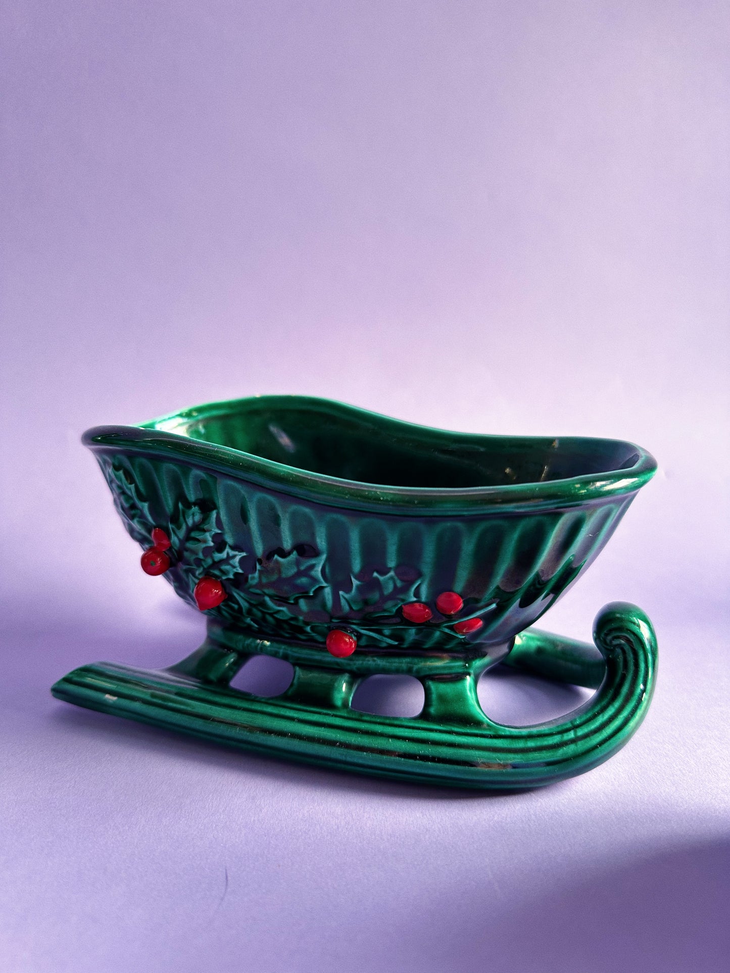 Vintage Lefton Ceramic Set Green Holly Red Berry Teapot, Sugar, Creamer & Sleigh