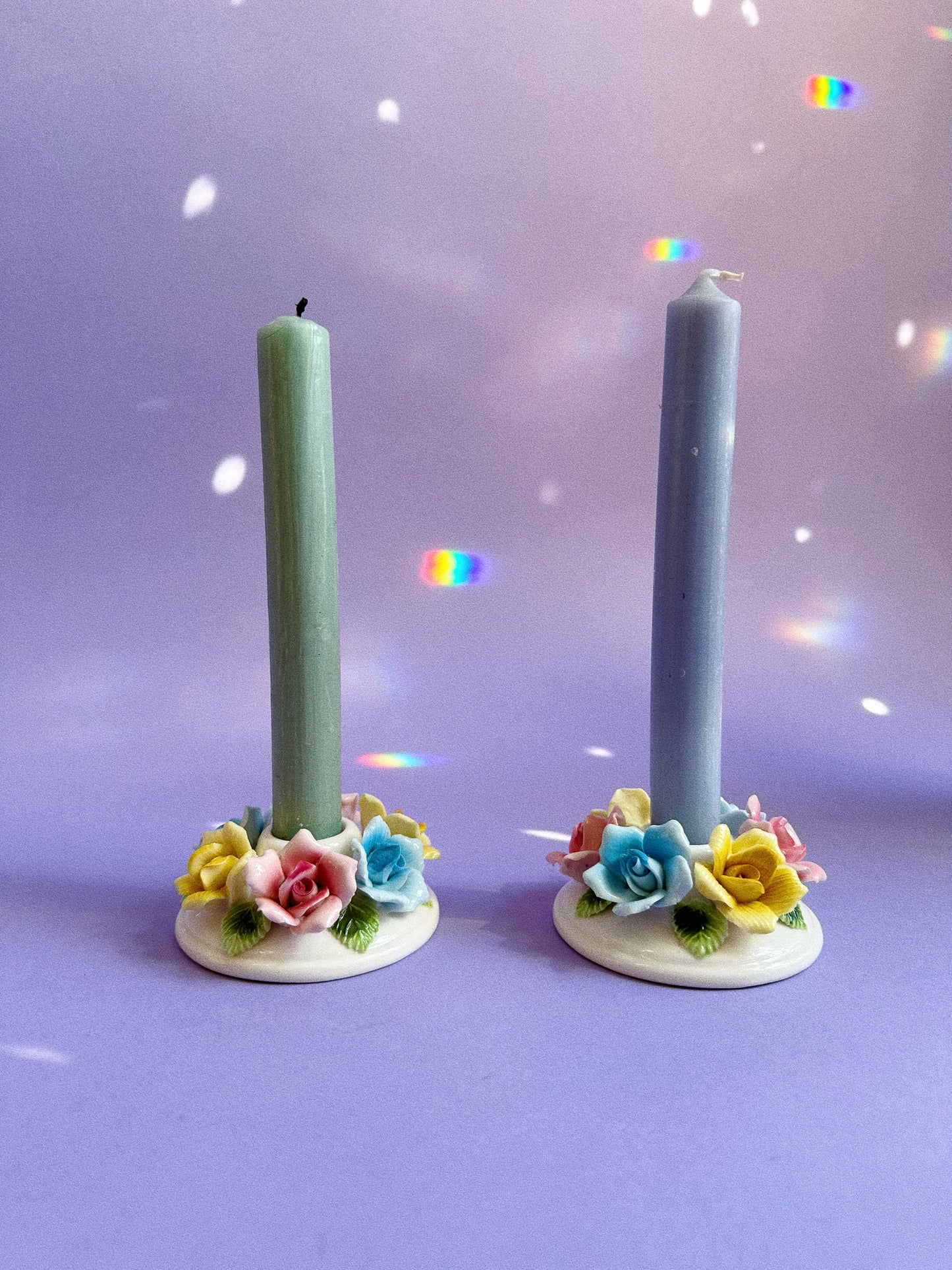 Vintage Taper Candle Holders Ceramic Flowers Pastel Japan Pink Blue Yellow