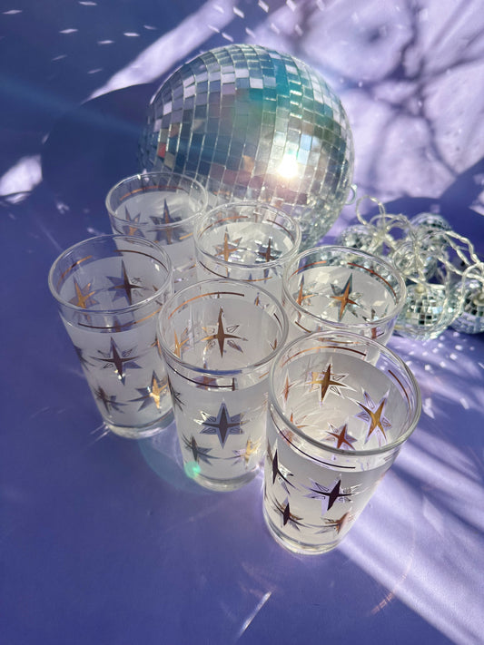 Vintage Set of 6 Dominion MCM Atomic Starburst Frosted Gold Tumblers Glasses 5.5”
