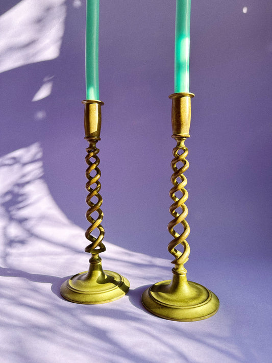 Pair of Vintage Antique Brass Barley Spiral Twist Statement Candlesticks 12.25”