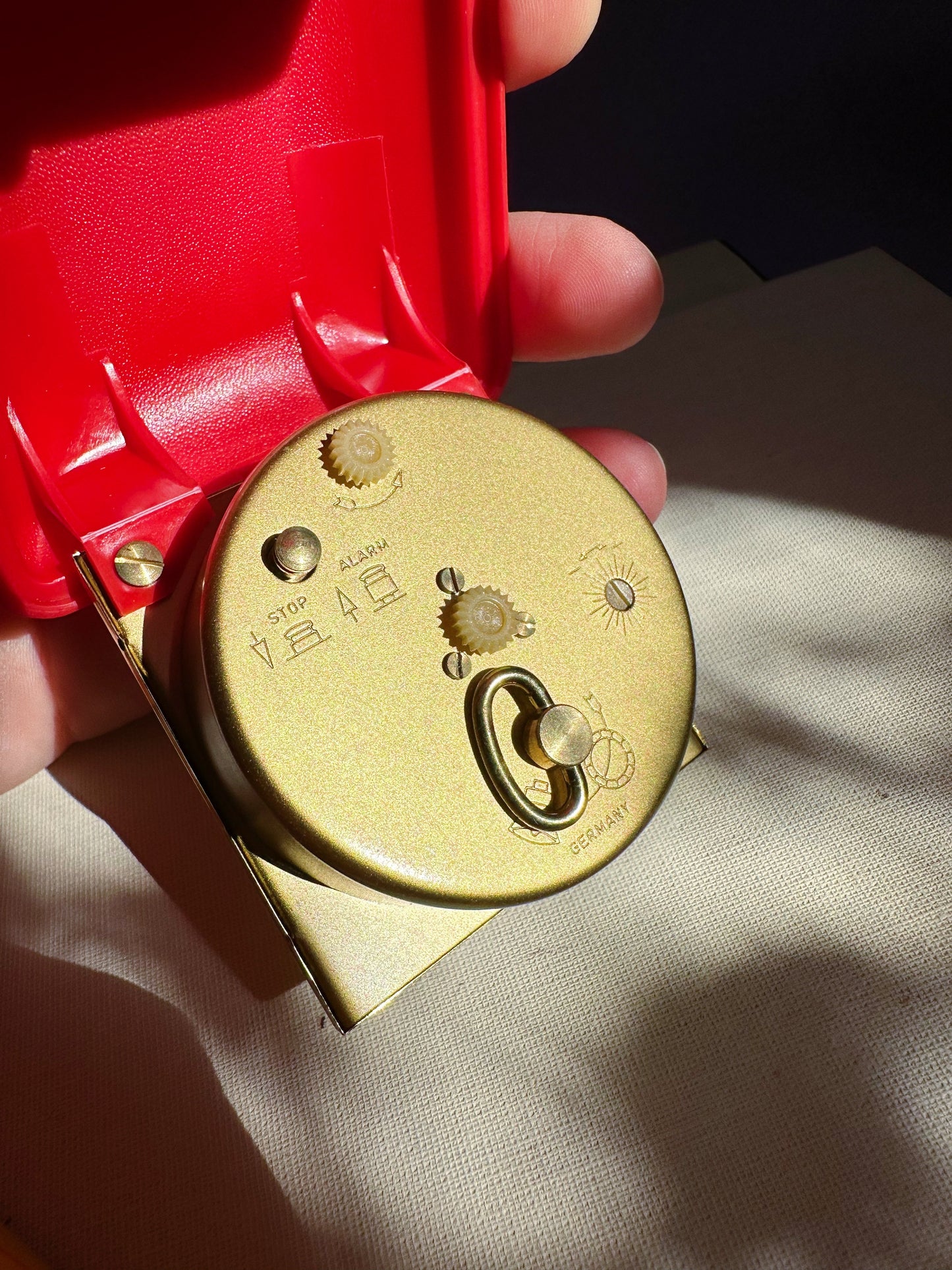 Vintage Travel Alarm Clock Europa, Germany, Brass & Faux Leather Cover