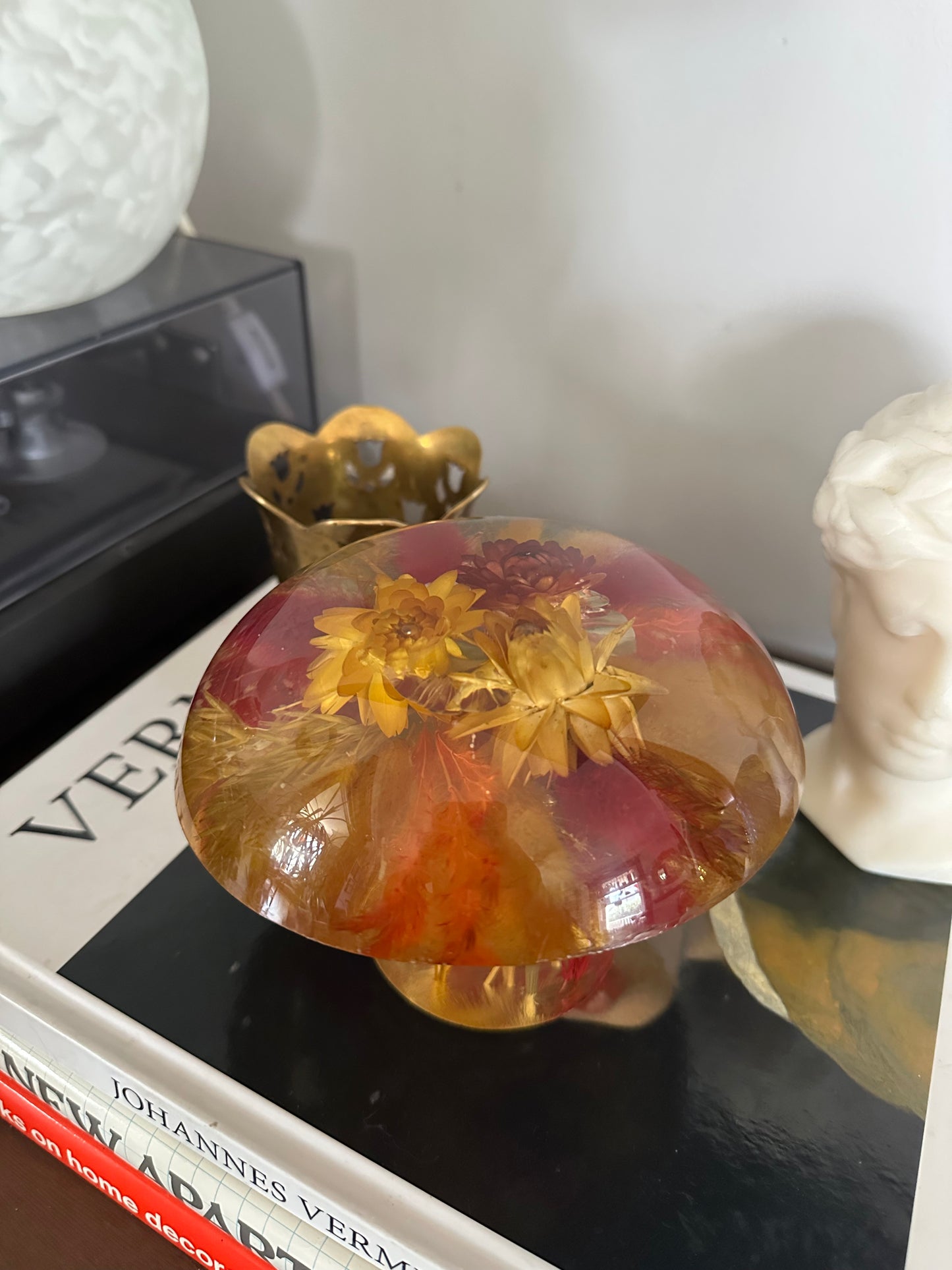 Vintage 70s Lucite Resin Mushroom w Preserved Dried Red Yellow Flowers