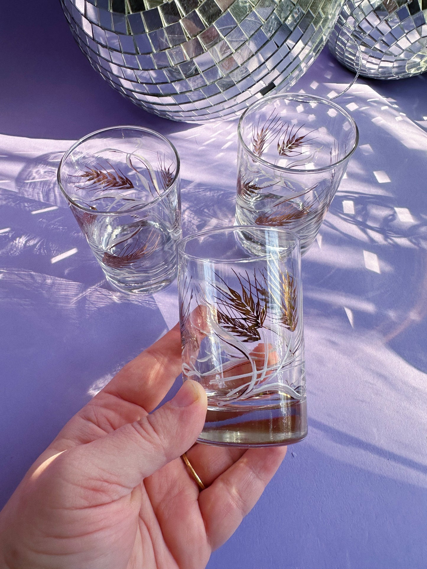 Vintage MCM Set of 3 Short Wheat Gold & White Tumblers