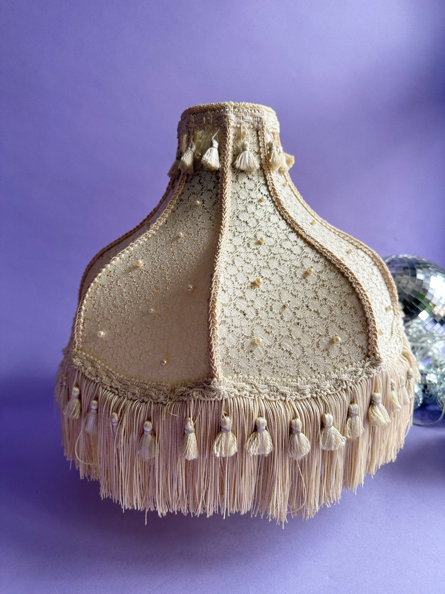 Vintage Boudoir Table Lamp Shade Ivory Cream Fringe Scallop Pearls Tassel