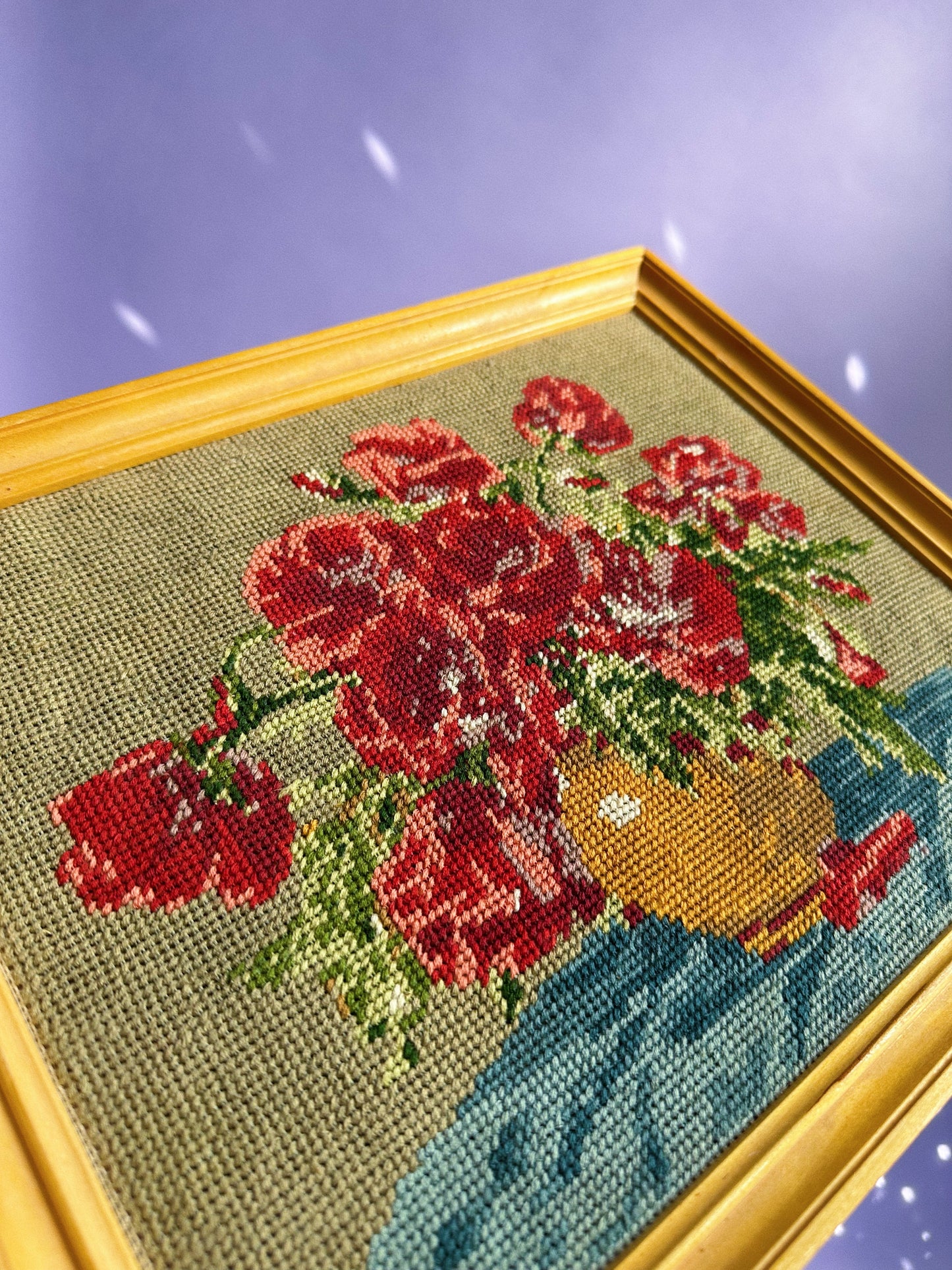 Beautiful Vintage Rose Floral Framed Needlepoint Cross Stitch