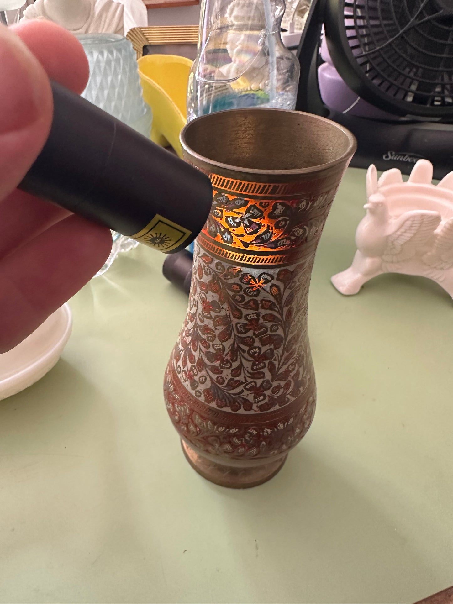 Vintage Orange Glowing Brass Vase W Enamel Detail