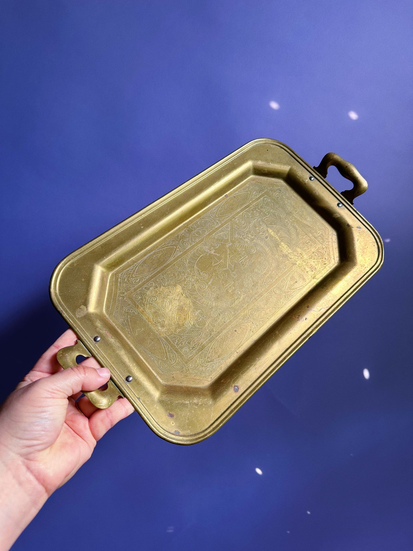 Antique Patina Brass Tea Tray Etched Dutch Girl Scene With Handles