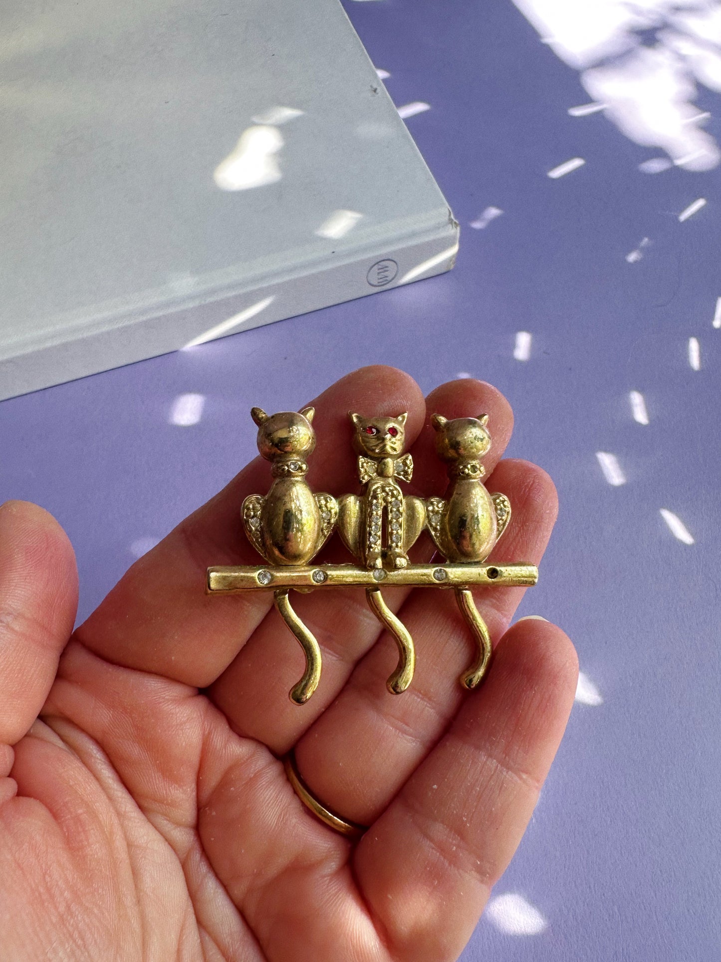 Vintage Brass Three Cat Brooch
