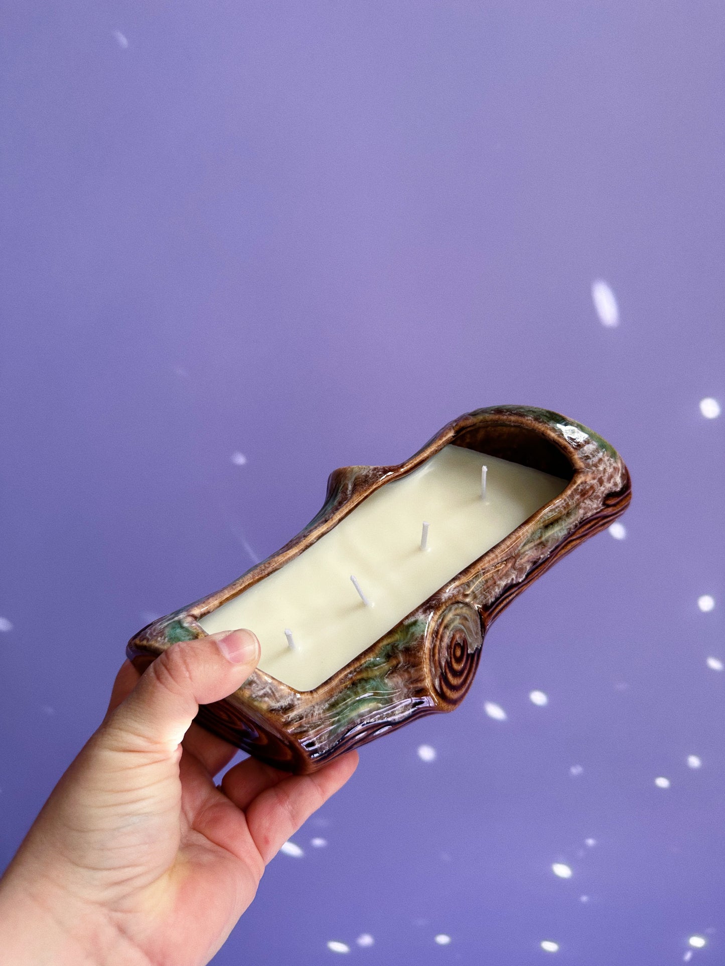 4 Wick Coconut Soy Teakwood Candle In A Vintage Ceramic Glazed Log