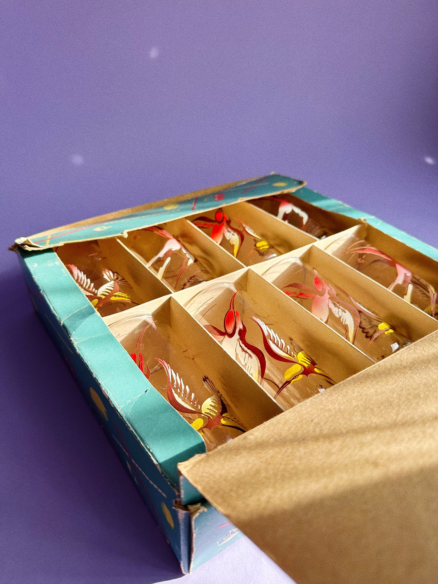 Vintage 1960s Cocktail Glass Set of 8, Red and Yellow Birds In Box Gaytime Glass