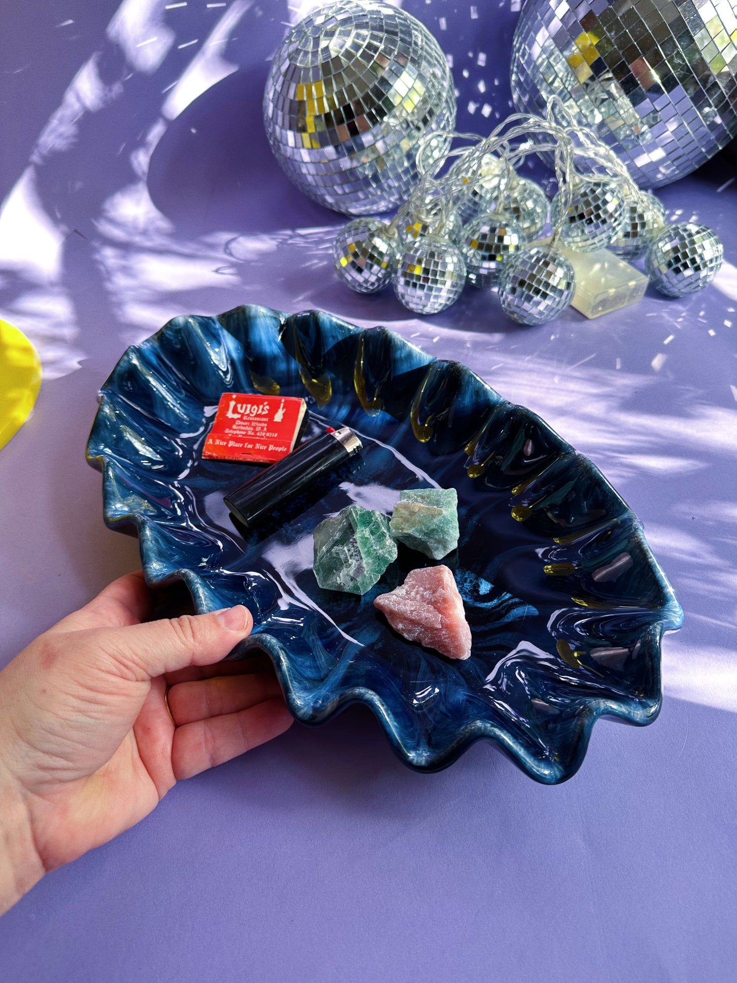 Artisan Made Blue Mountain Pottery Ruffled Dish Blue Dripped Glaze