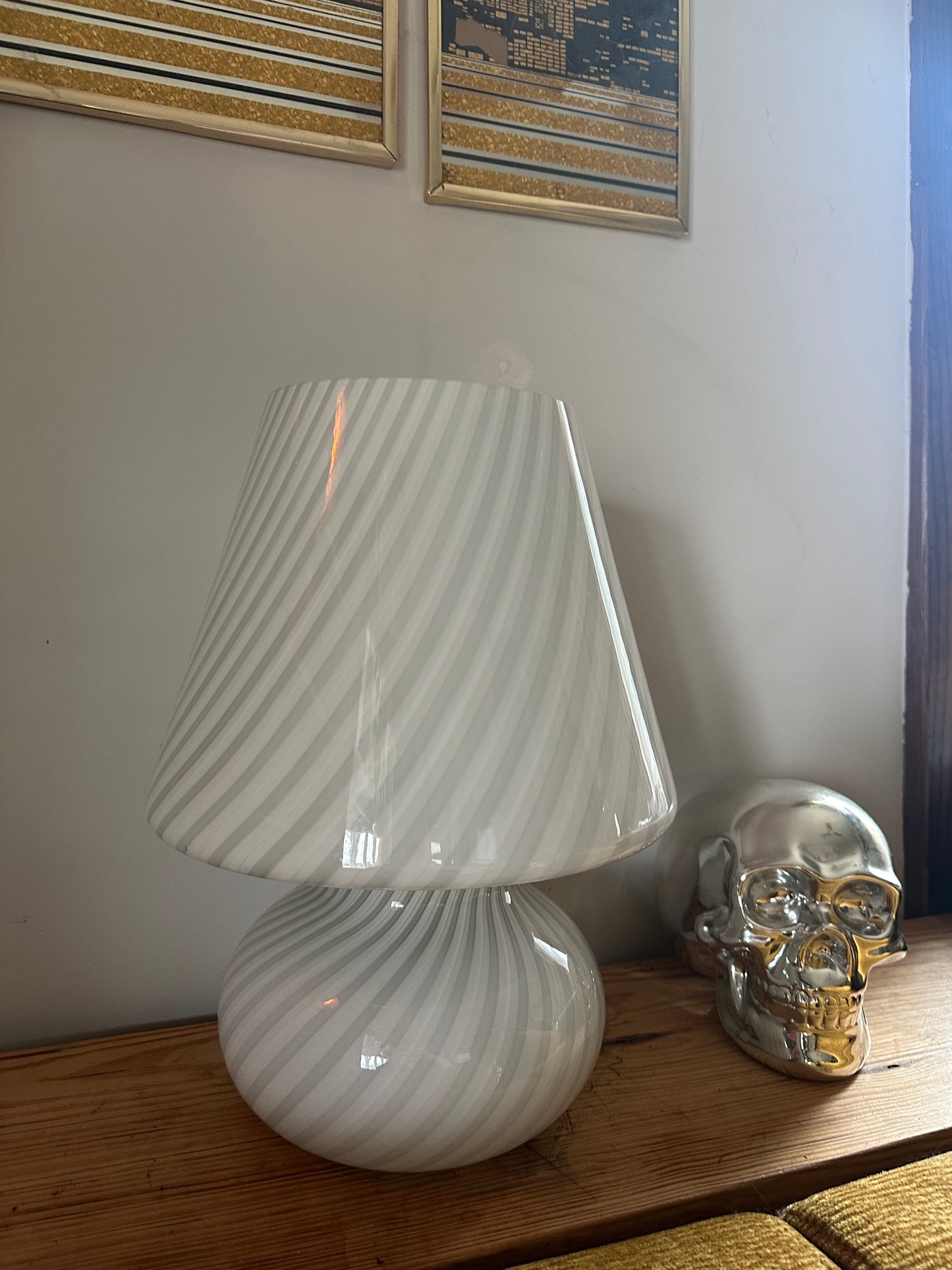 Vintage Vetri Murano White Swirl Glass Mushroom Table Lamp