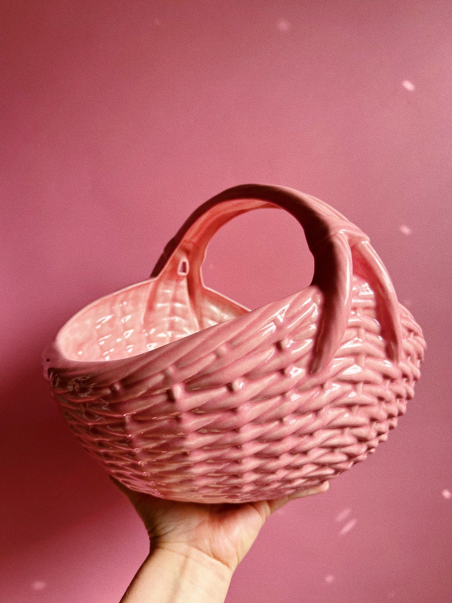 Large Vintage Ceramic Weaved Pink Basket