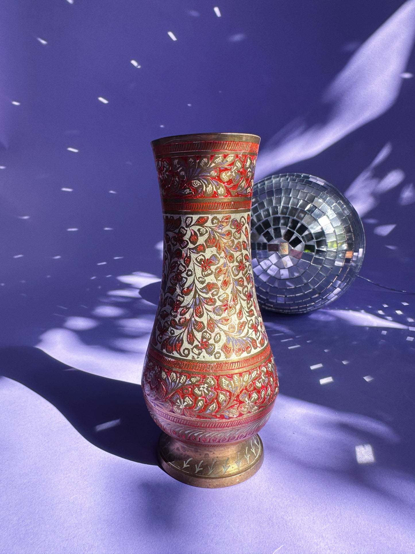 Vintage Orange Glowing Brass Vase W Enamel Detail