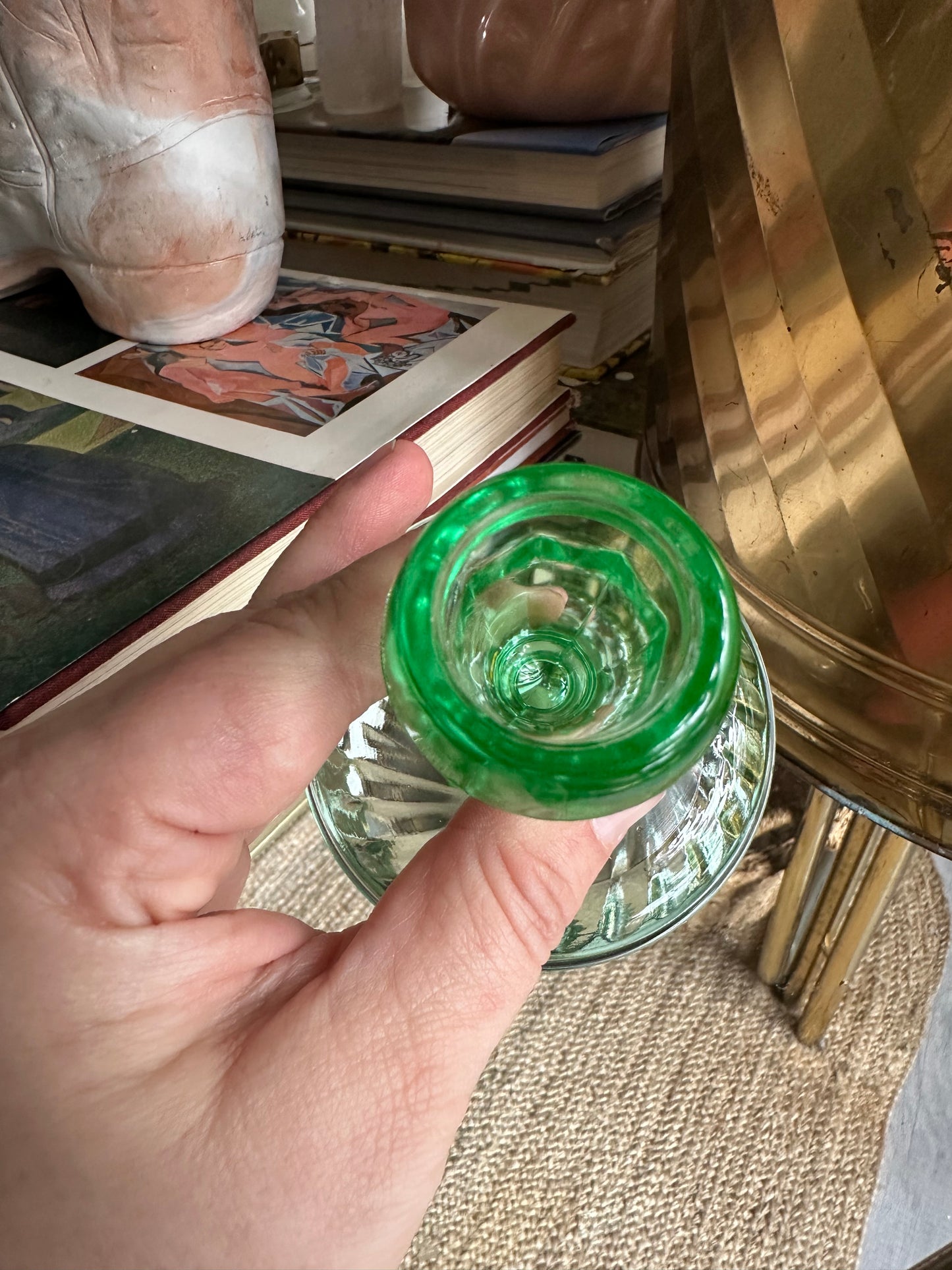 3.5” Single Light Twisted Optic Green Candlestick Uranium 1920s, 30s