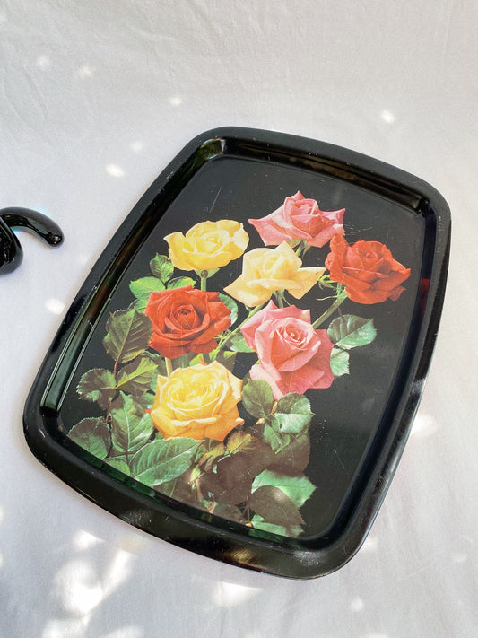 Vintage Black & Floral Metal Worcester Ware Tray