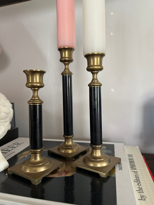 Beautiful Vintage Set of Three Solid Brass Candlesticks - Enameled Centers