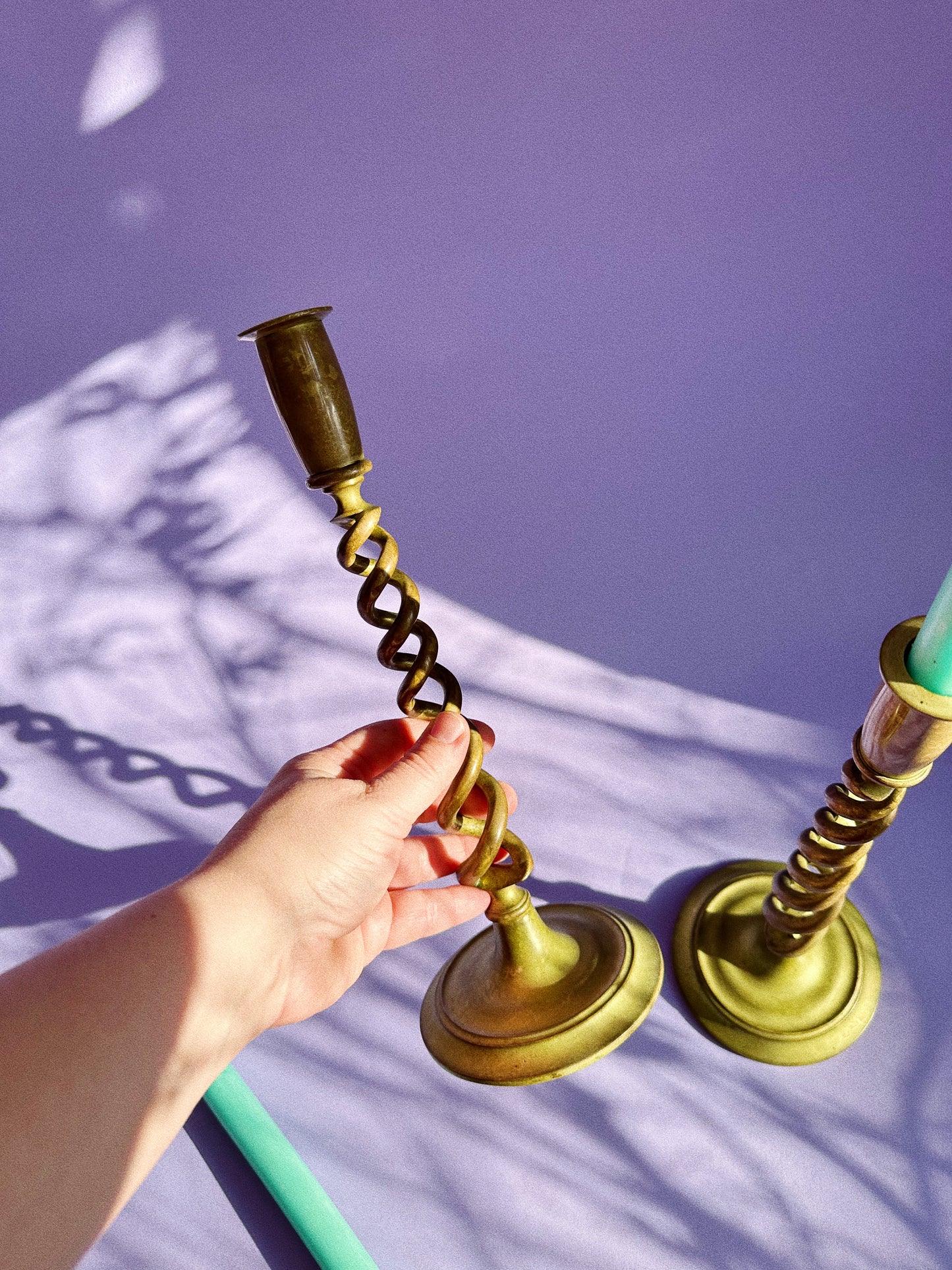 Pair of Vintage Antique Brass Barley Spiral Twist Statement Candlesticks 12.25”