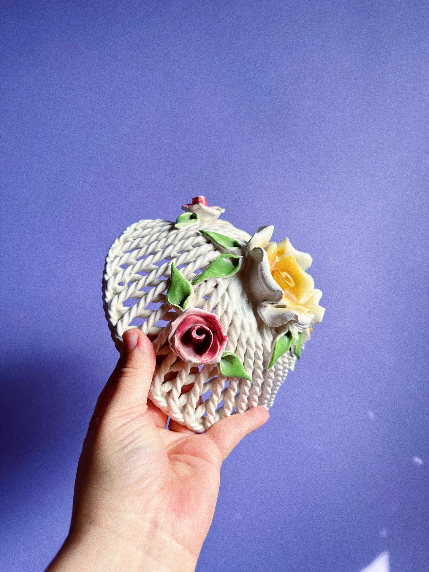 Vintage Lidded Capodimonte Weaved Basket Dish