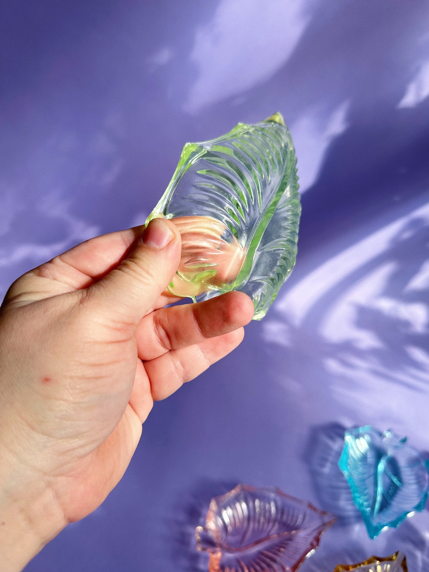 Vintage Japanese Leaf Shaped Harlequin Coloured Glass Ashtrays Set Of 6