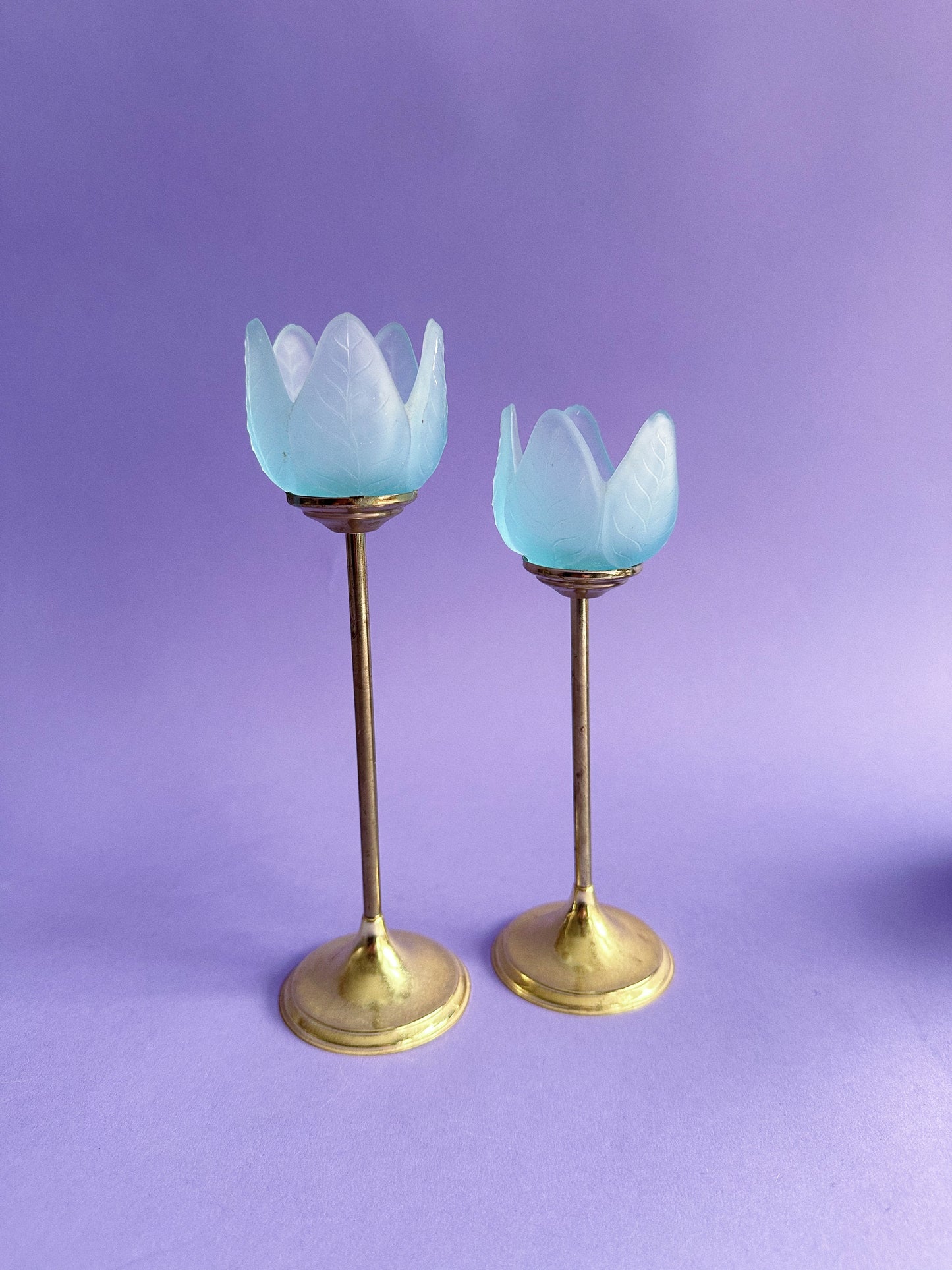 Vintage Blue Frosted Glass Tulip & Brass Candle Holders