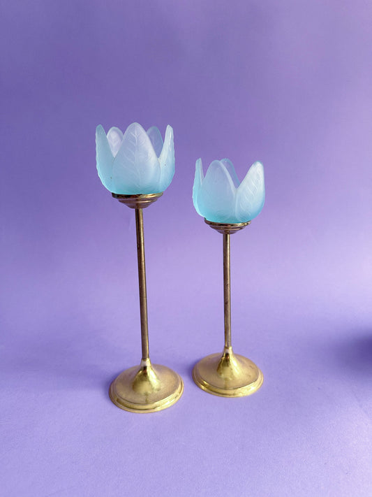 Vintage Blue Frosted Glass Tulip & Brass Candle Holders