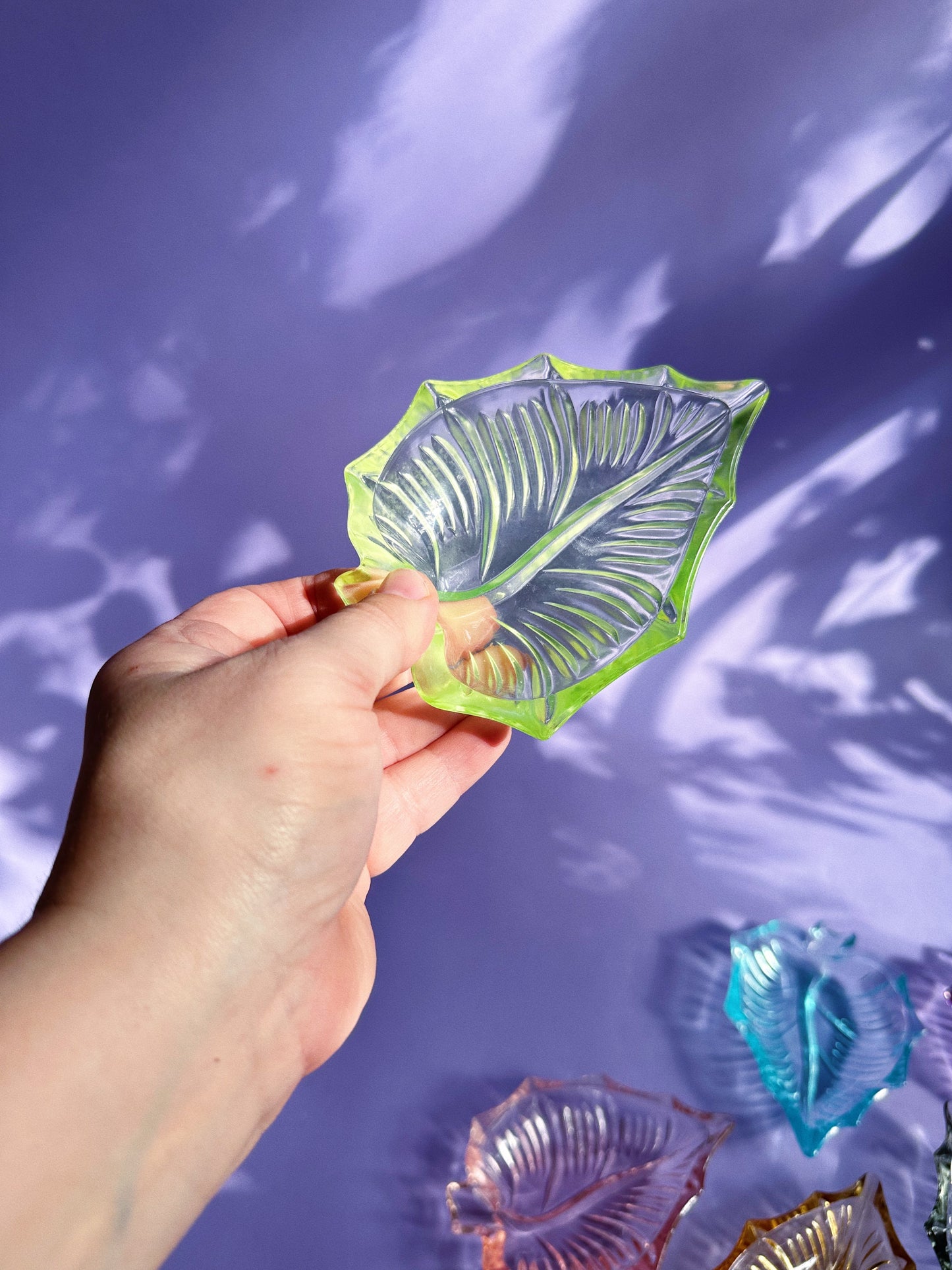 Vintage Japanese Leaf Shaped Harlequin Coloured Glass Ashtrays Set Of 6