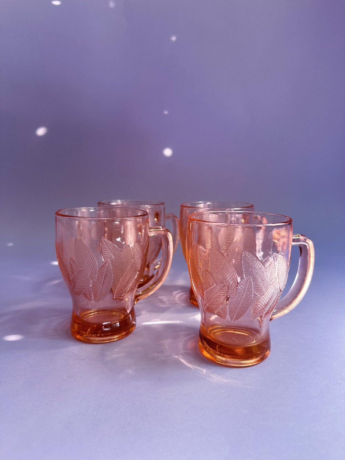 Vintage KIG Indonesia Pink Depression Glass Mugs - Leaf Pattern Set of 4