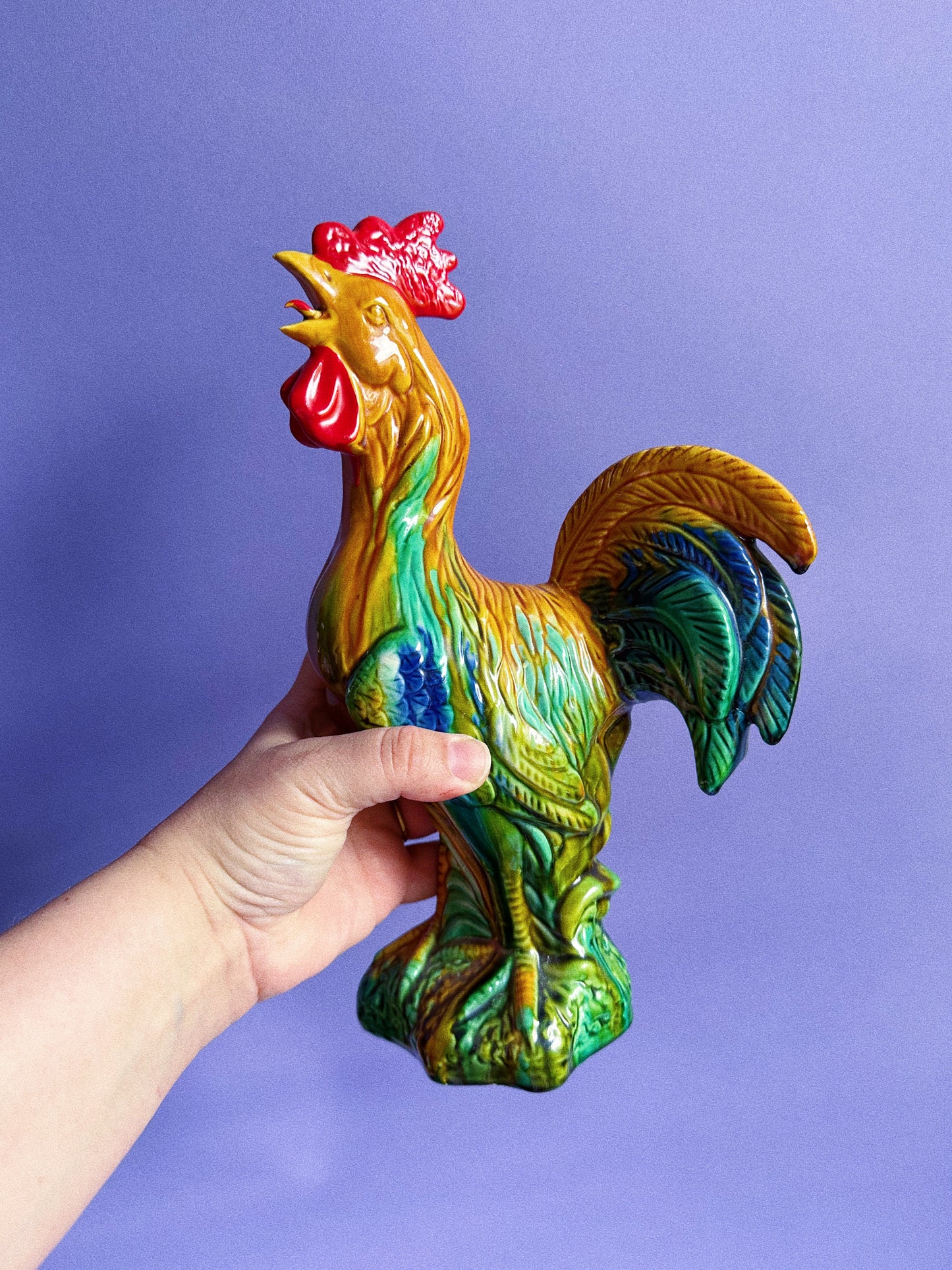 Pair Of 12” Majolica Glazed Bright Ceramic Roosters