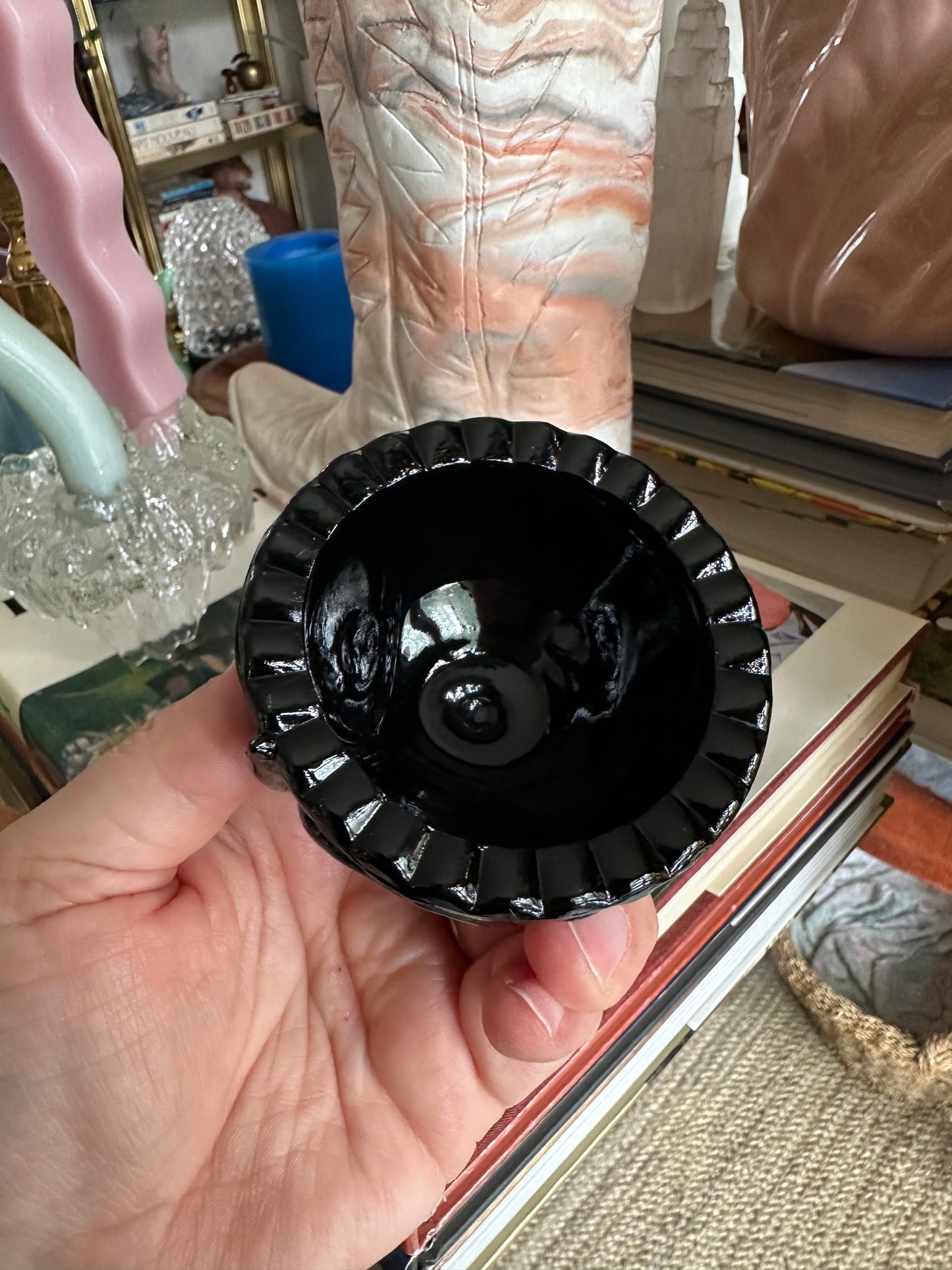 Vintage Fenton Glass Wise Owl Decision Maker Black Trinket Dish – Swivel Head