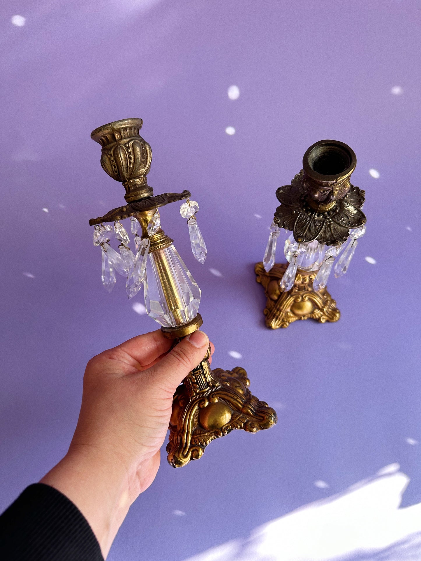 Pair Antique Hollywood Regency Style Ornate Gold Cast Brass Candlestick Holders