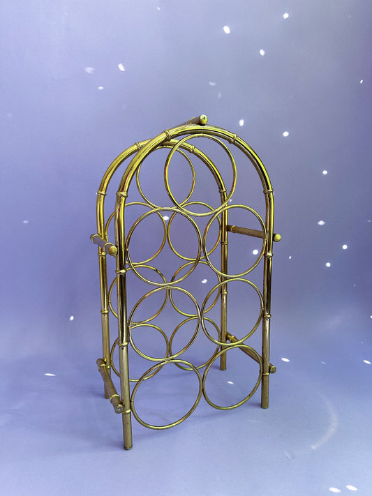 Vintage Hollywood Regency Brass Faux Bamboo 7-Bottle Wine Rack Tabletop