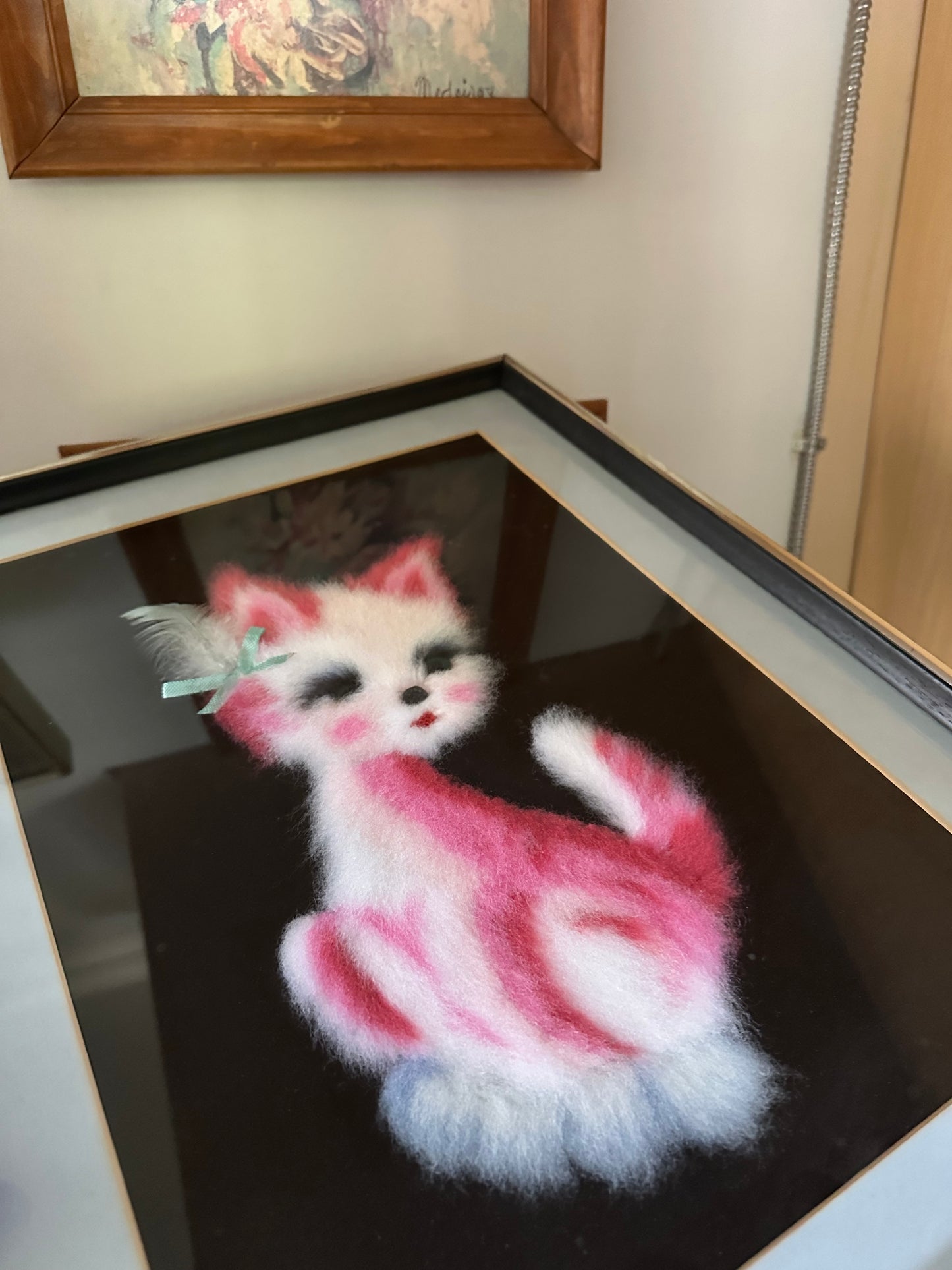 Vintage Japanese Matsuhato Bunka Punch Embroidery Pink Cat Framed