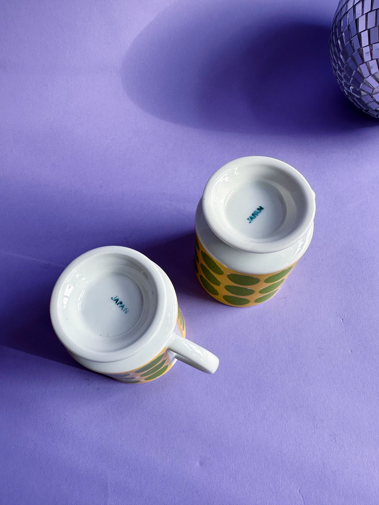 Pair of Vintage 70's Retro Green Yellow Footed Polka Dot Coffee Mug Tea Cups