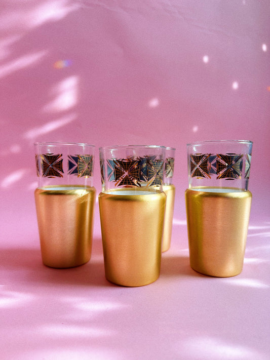 MCM Set of 4 Gold Detailed Dominion Glassware, Drinking Glasses w/ Insulators