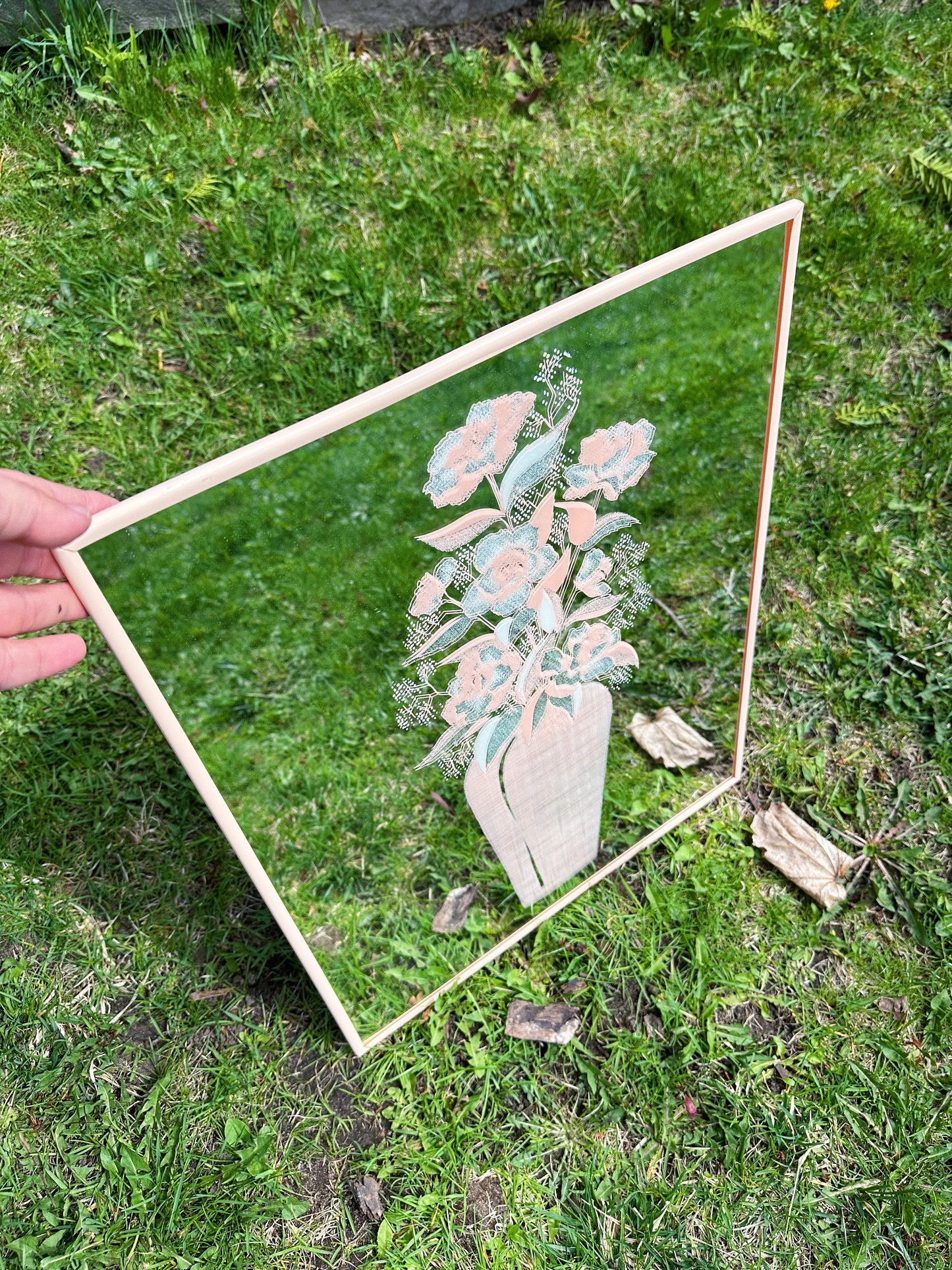 Vintage Peachy Post Modern Etched Floral Mirror