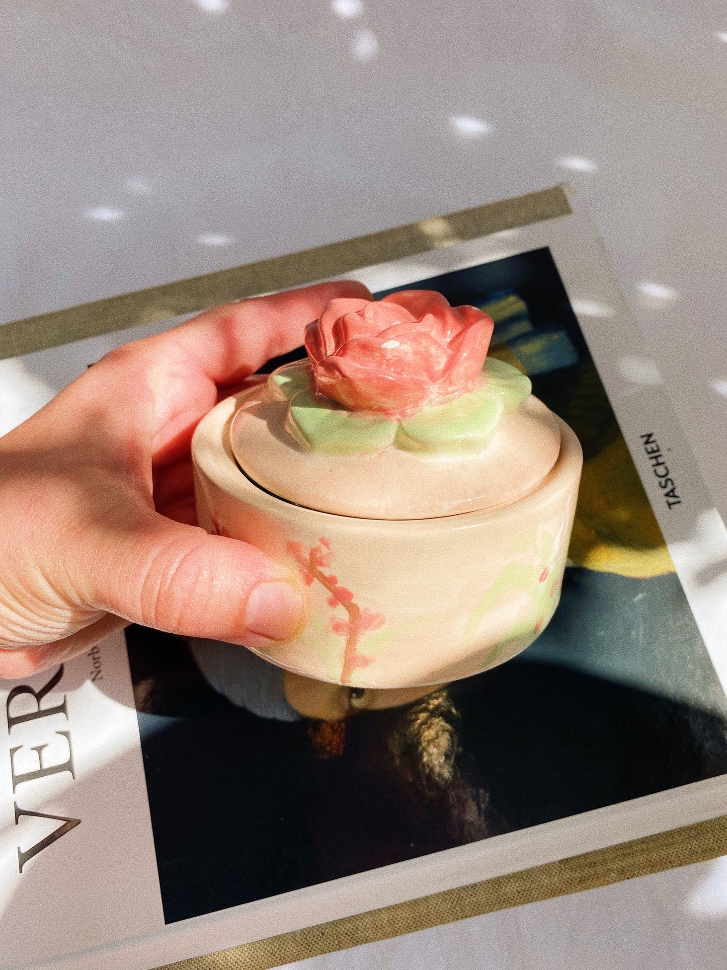 Pink Flower Glazed Pottery Lidded Dish